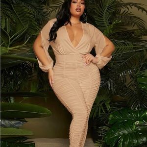 Beige rouched one piece jumpsuit